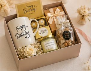 Birthday gift hamper with assorted goodies inside