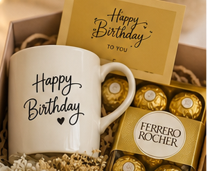 Birthday hamper featuring chocolates and thoughtful gifts