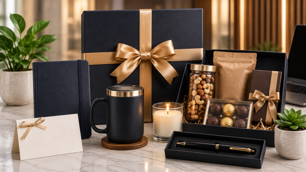 candle mug pen chocolates plant gift hamper