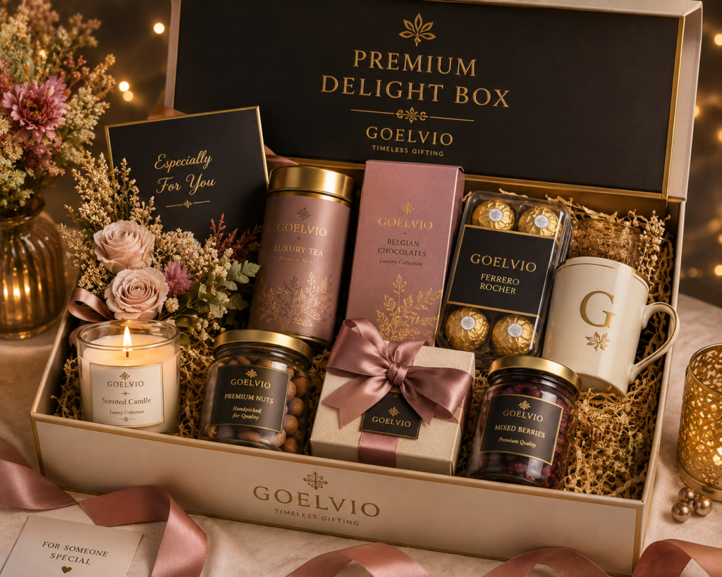box contains chocolates nuts cards flowers